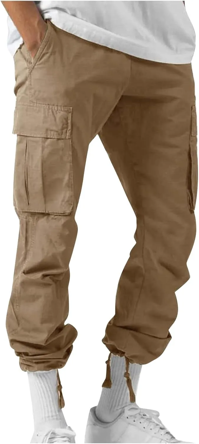 Mens Pants Cargo Drawstring Elastic Waist Sweatpants with Zipper Pockets Relaxed Fit Baggy Pants Joggers Trousers