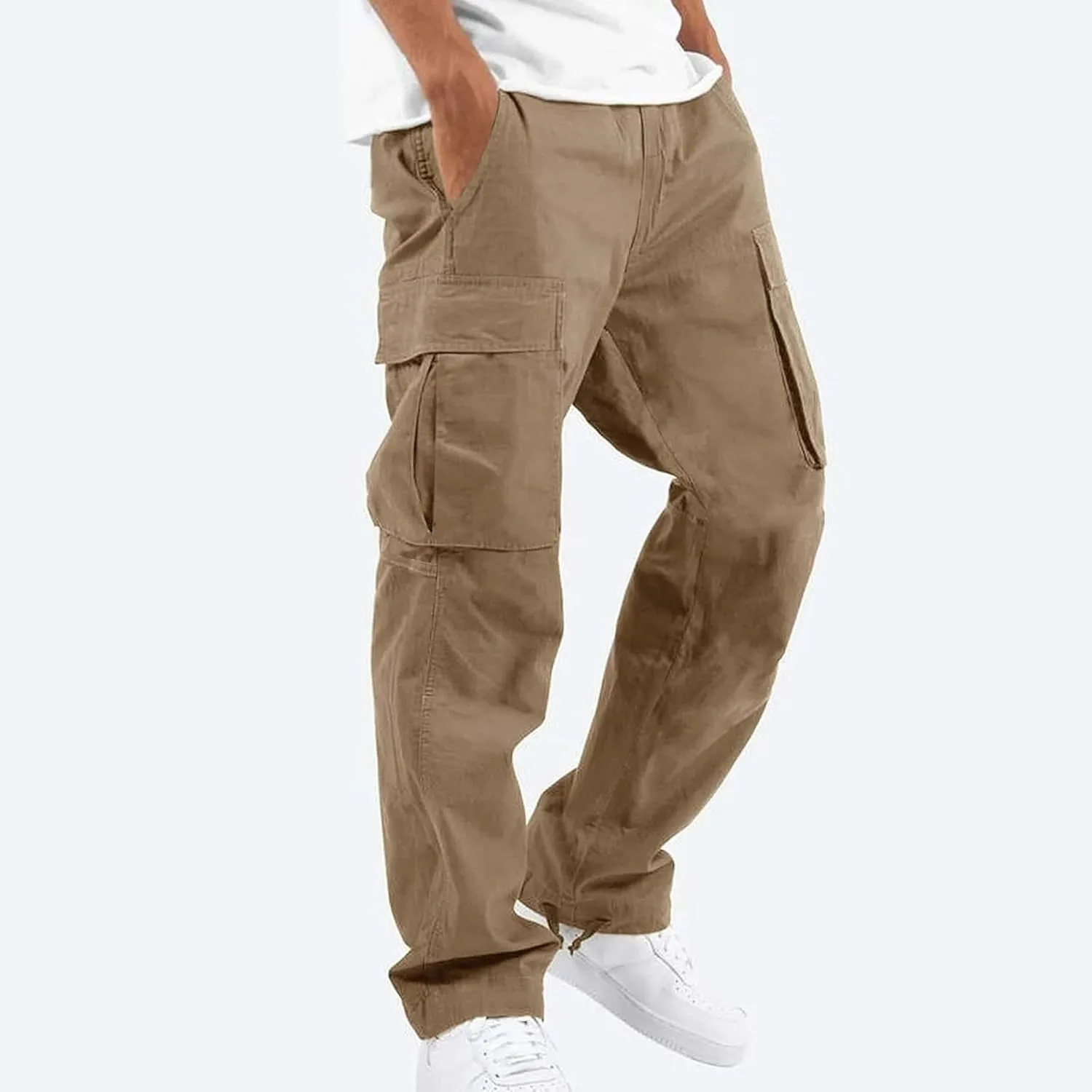Mens Pants Cargo Drawstring Elastic Waist Sweatpants with Zipper Pockets Relaxed Fit Baggy Pants Joggers Trousers