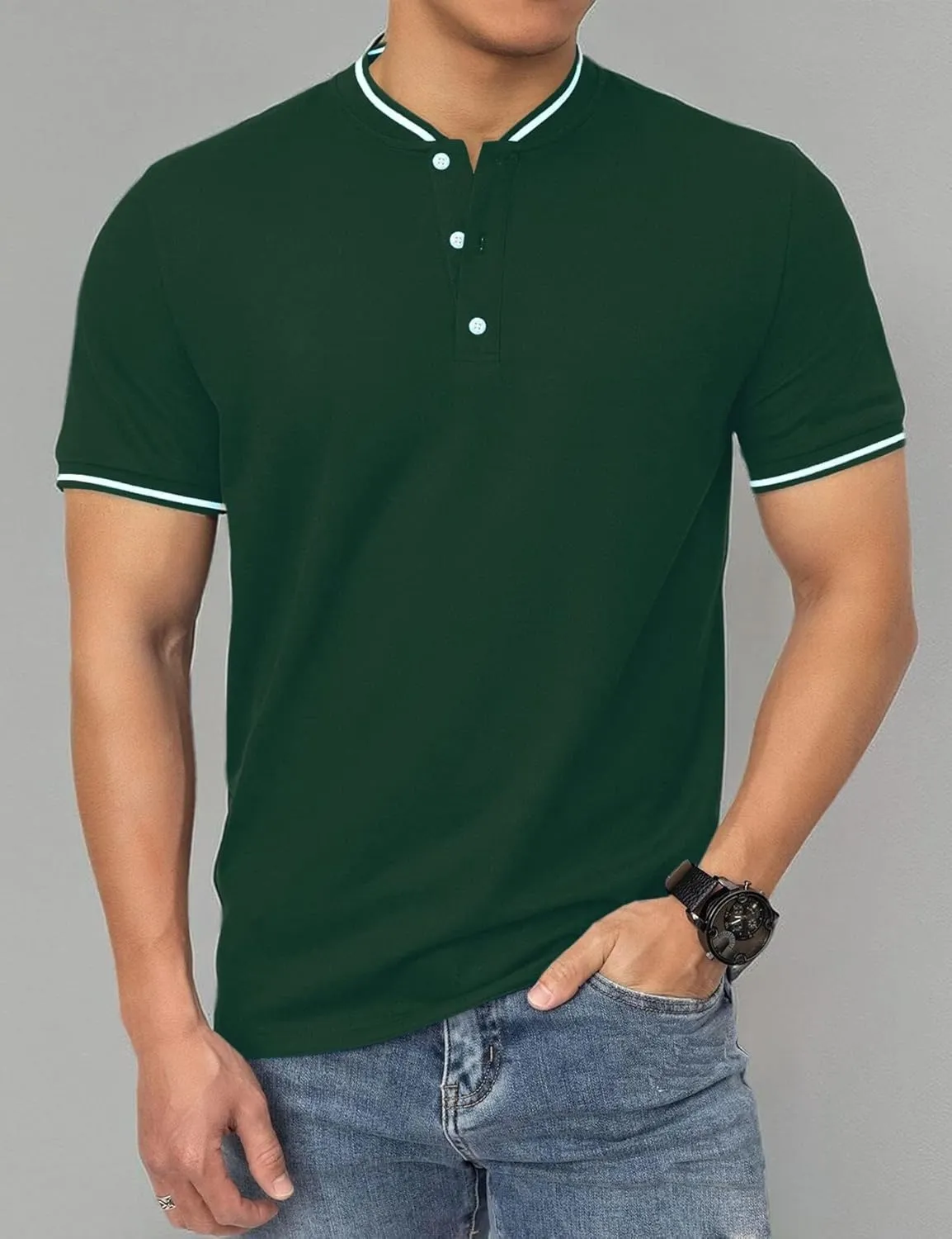 Men's Polo Shirts Casual Short Sleeve Cotton Pique Polo T Shirts Classic Collarless Golf Shirts for Men