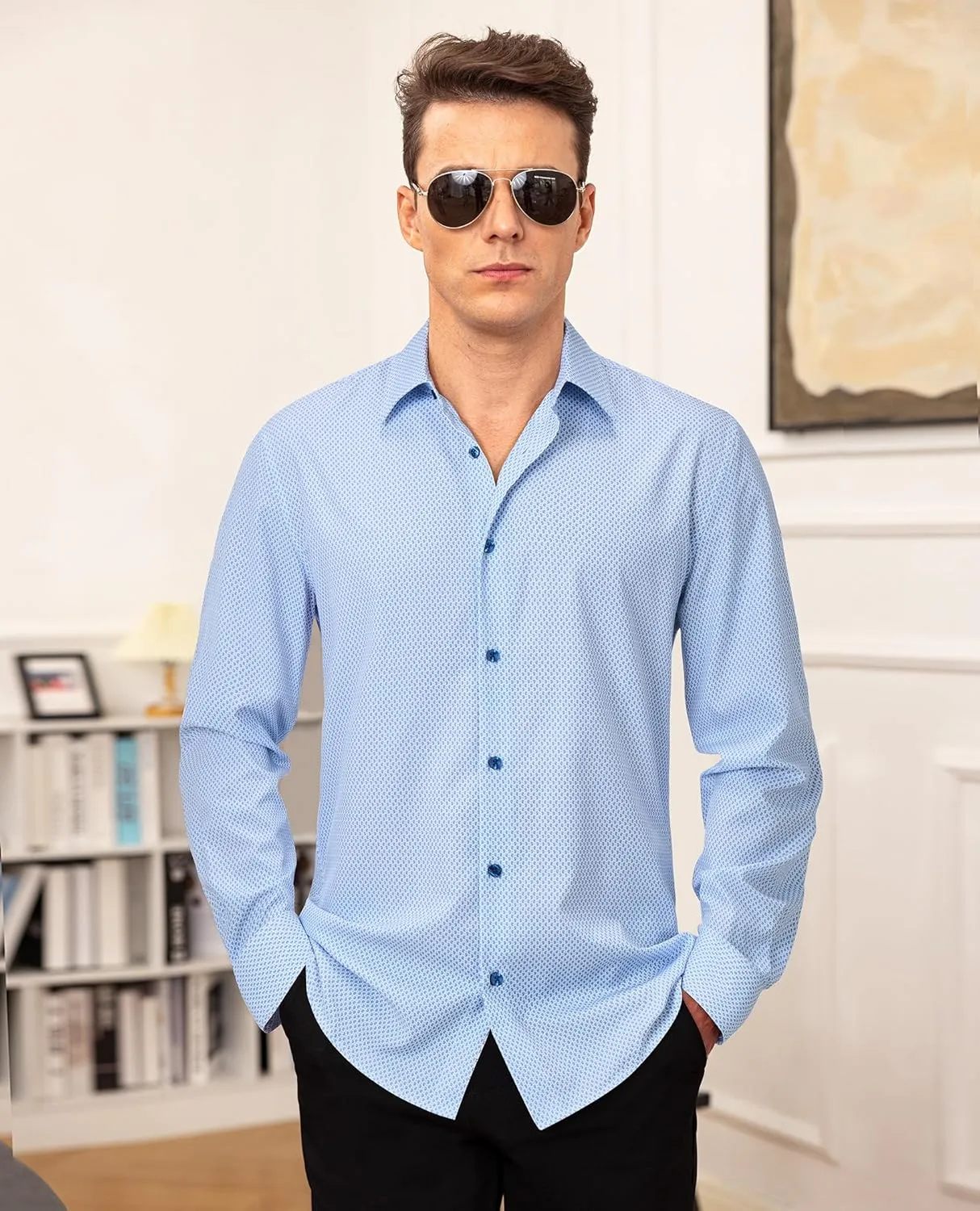 Mens Printed Dress Shirts Button Down Long Sleeve Dress Shirts for Men Regular Fit Casual Formal Business Shirts