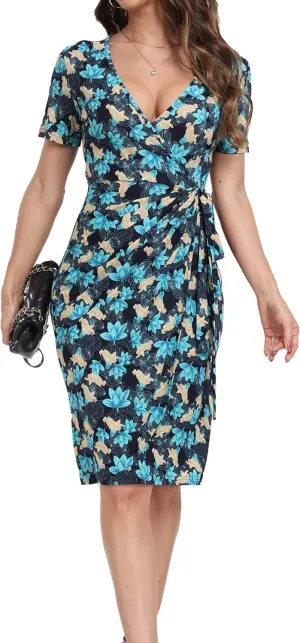Midi Wrap Dress for Women Sexy Floral Print Boho Dresses Summer Casual Short Sleeve V Neck Holiday Dresses
