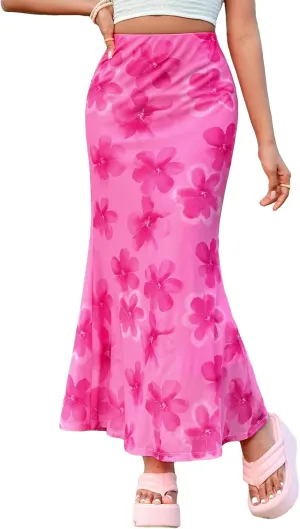 Milumia Women's Floral Mesh Skirt Sheer A Line High Waist Long Skirts