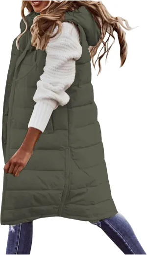 Mmoneyake Long Puffer Vest Women Oversized Long Down Vest Zip Up Sleeveless Hoodies Thickened Winter Warm Jacket with Pocket