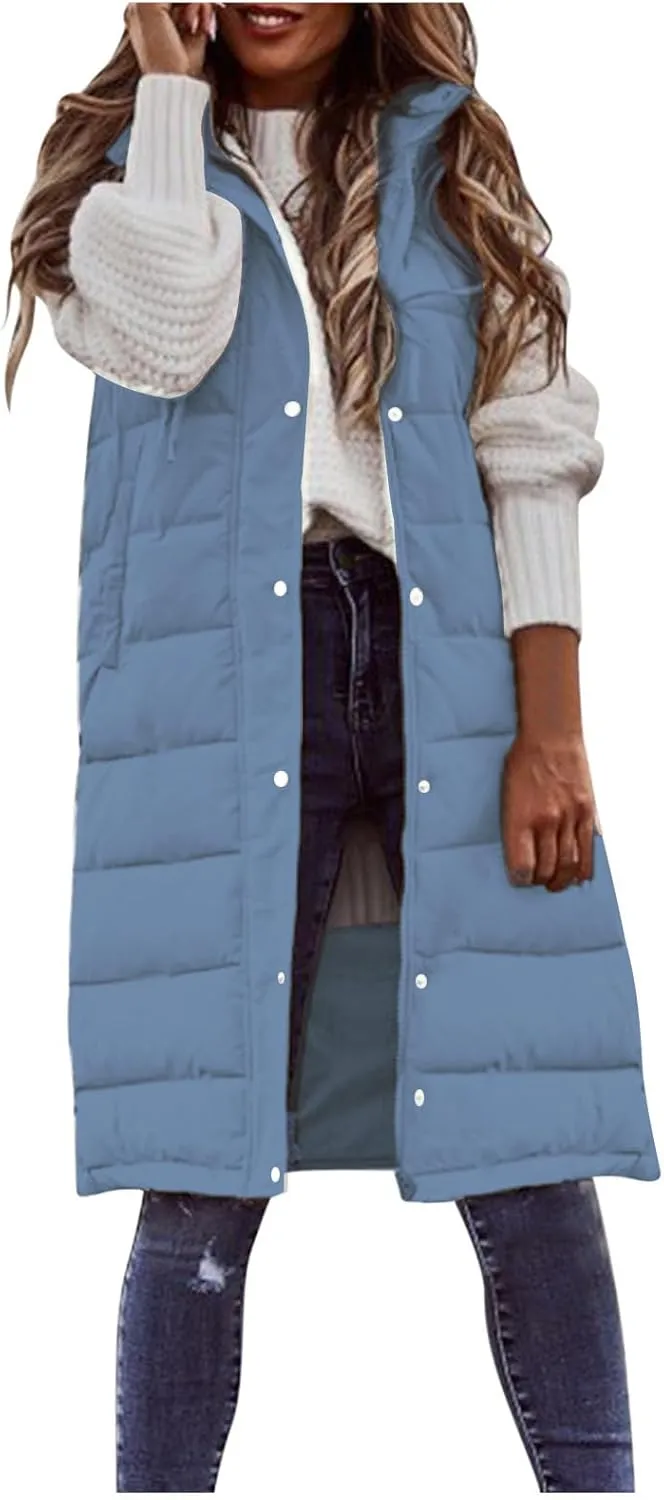 Mmoneyake Long Puffer Vest Women Oversized Long Down Vest Zip Up Sleeveless Hoodies Thickened Winter Warm Jacket with Pocket
