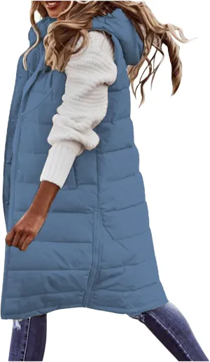 Mmoneyake Long Puffer Vest Women Oversized Long Down Vest Zip Up Sleeveless Hoodies Thickened Winter Warm Jacket with Pocket