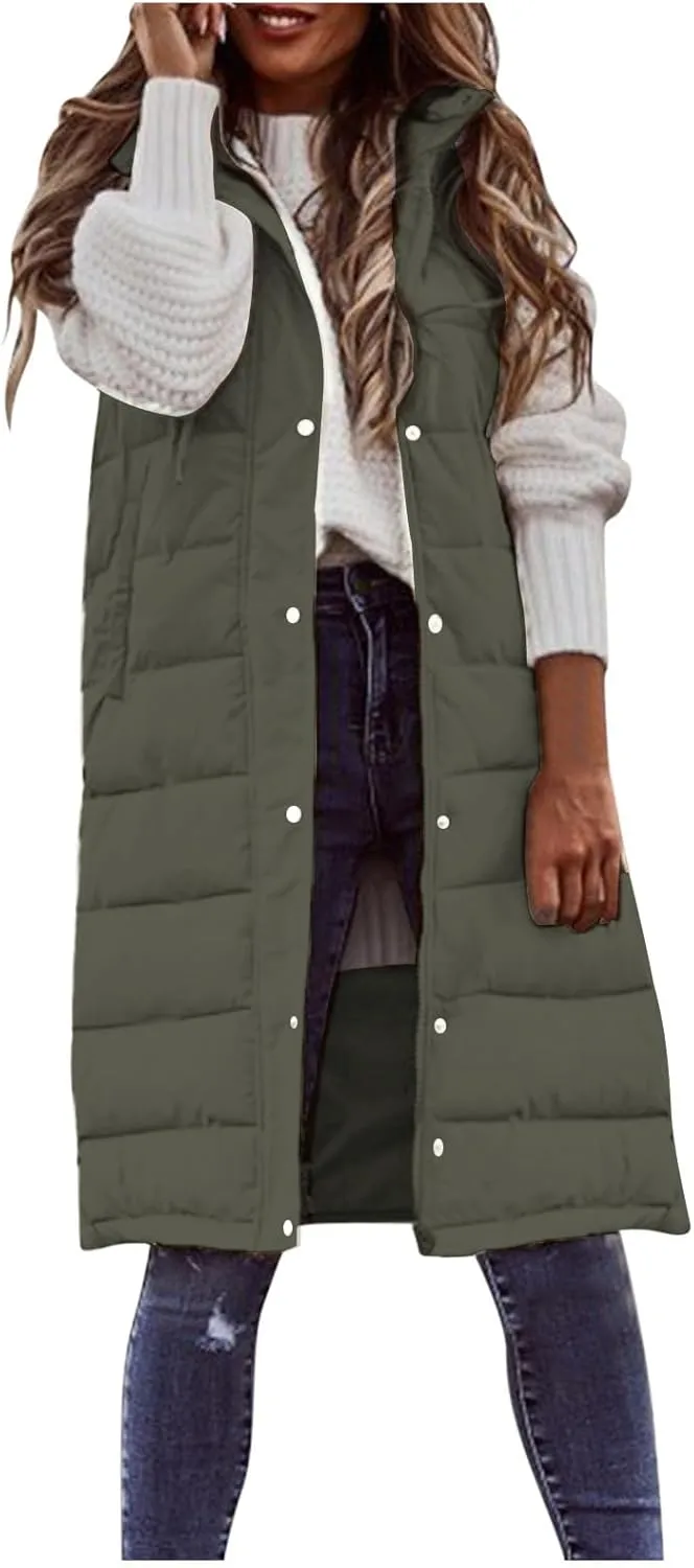 Mmoneyake Long Puffer Vest Women Oversized Long Down Vest Zip Up Sleeveless Hoodies Thickened Winter Warm Jacket with Pocket