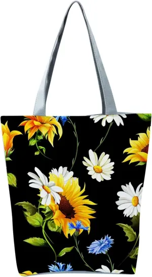 New Women's Slouchy Large Capacity Zippered Sunflower Printed Shoulder Bag Shoulder Tote Bag for Women (A, One Size)