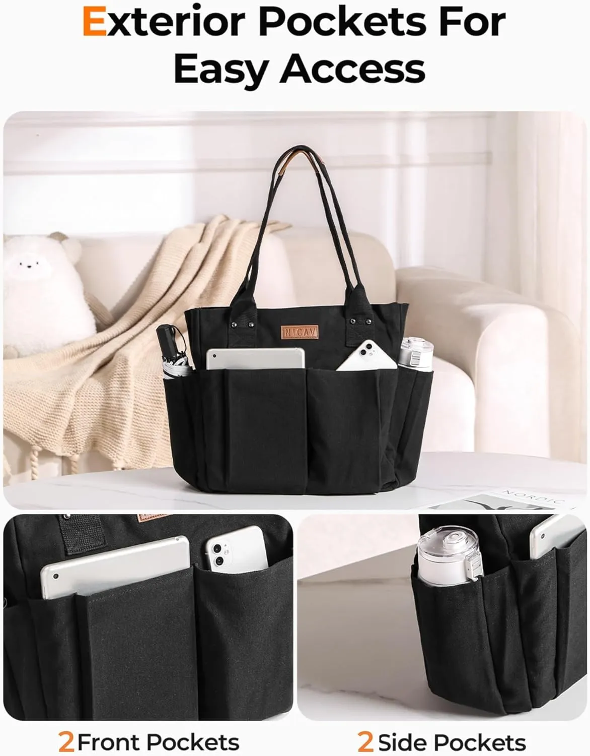 Nicav Canvas Tote Bags for Women, Large Utility Tote Bags with Pockets Zip Top for Teacher Nurse Work