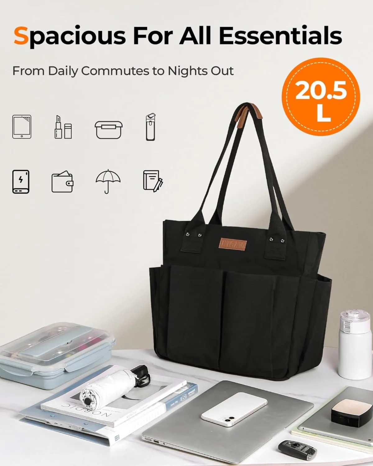 Nicav Canvas Tote Bags for Women, Large Utility Tote Bags with Pockets Zip Top for Teacher Nurse Work