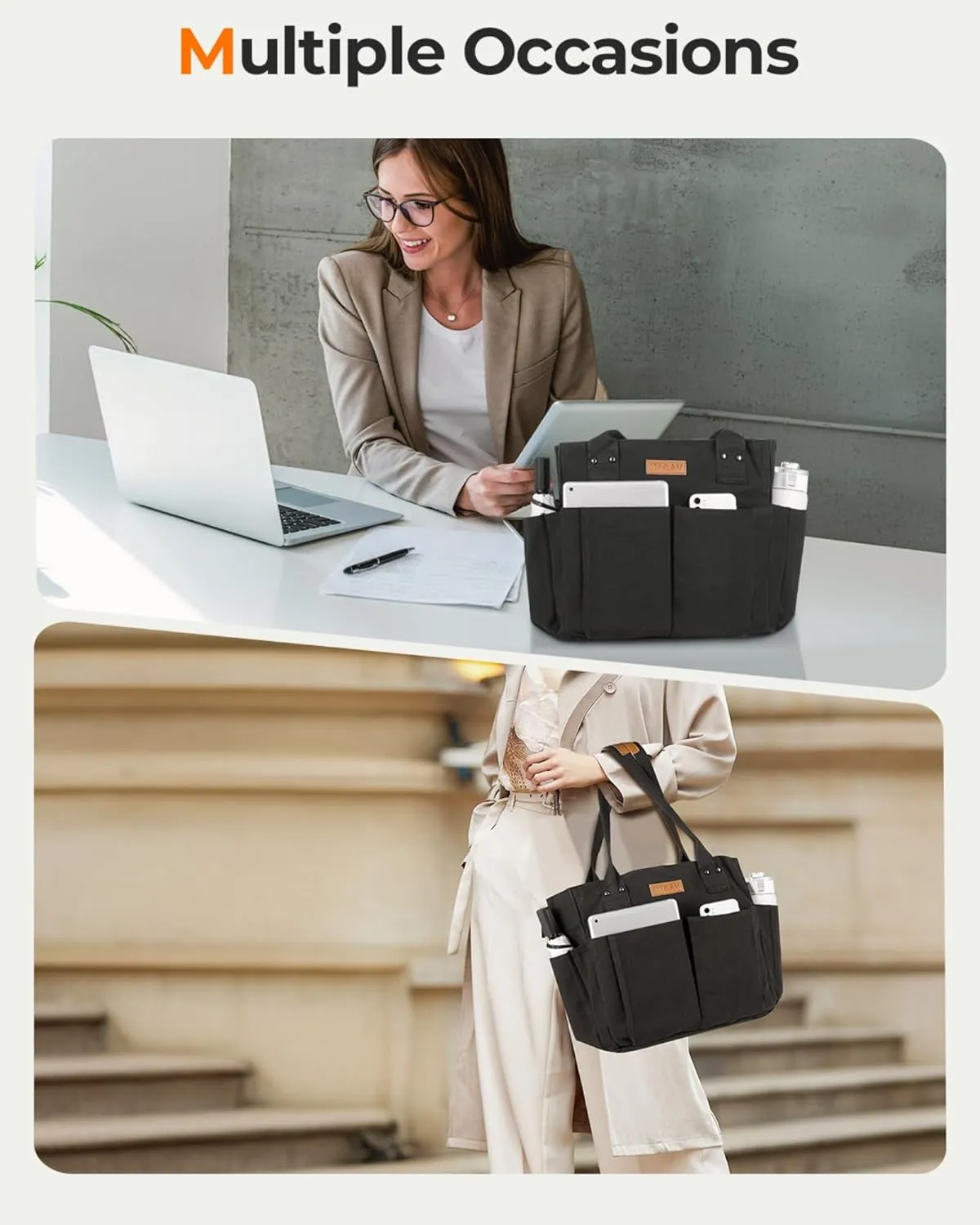 Nicav Canvas Tote Bags for Women, Large Utility Tote Bags with Pockets Zip Top for Teacher Nurse Work