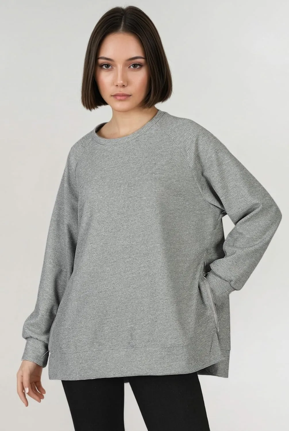 Oversized Sweatshirt for Women, Womens Sweatshirt Crew Neck Long Sleeve Tunic Pullover with Side Zipper, Soft Zip Up Hoodie