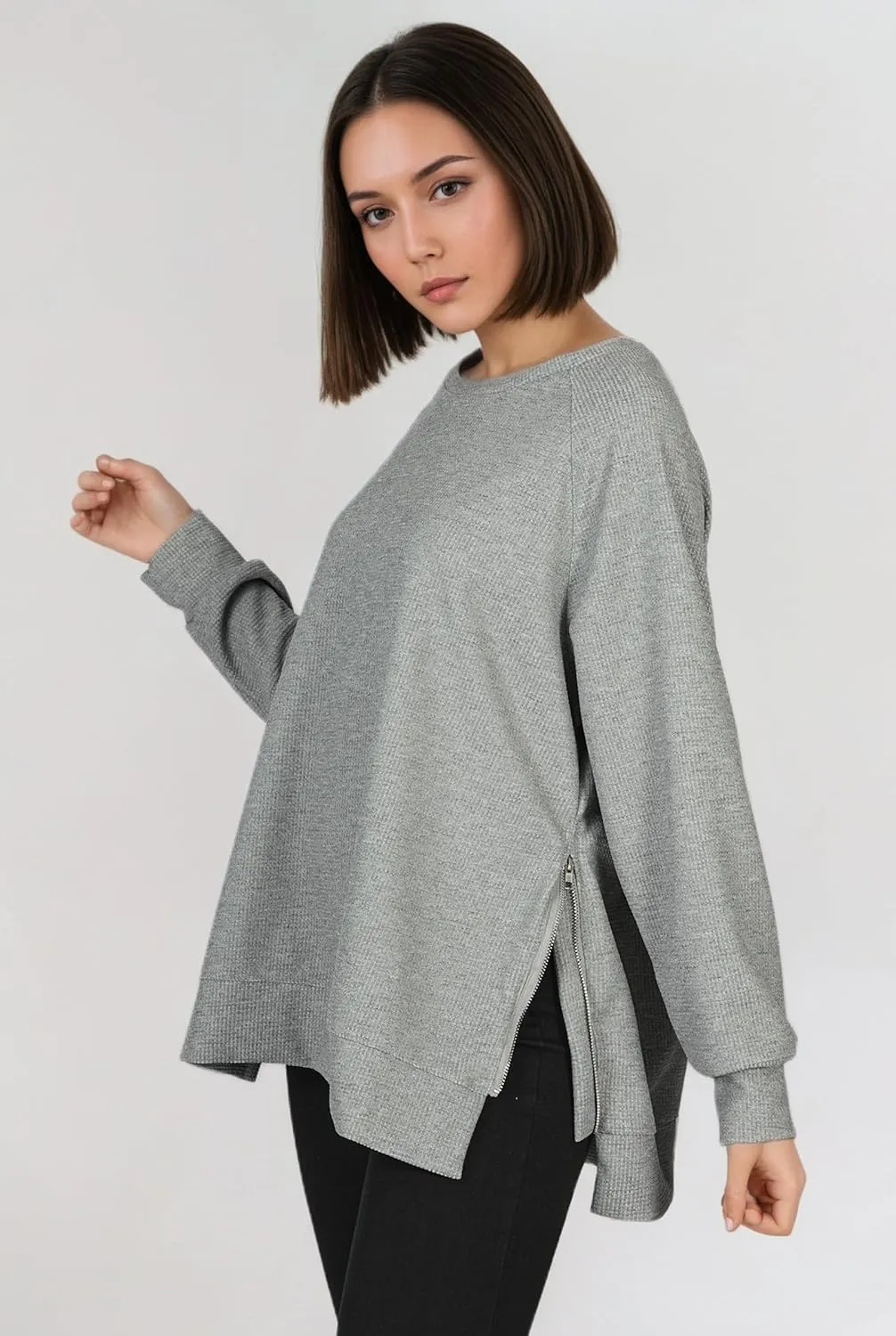 Oversized Sweatshirt for Women, Womens Sweatshirt Crew Neck Long Sleeve Tunic Pullover with Side Zipper, Soft Zip Up Hoodie
