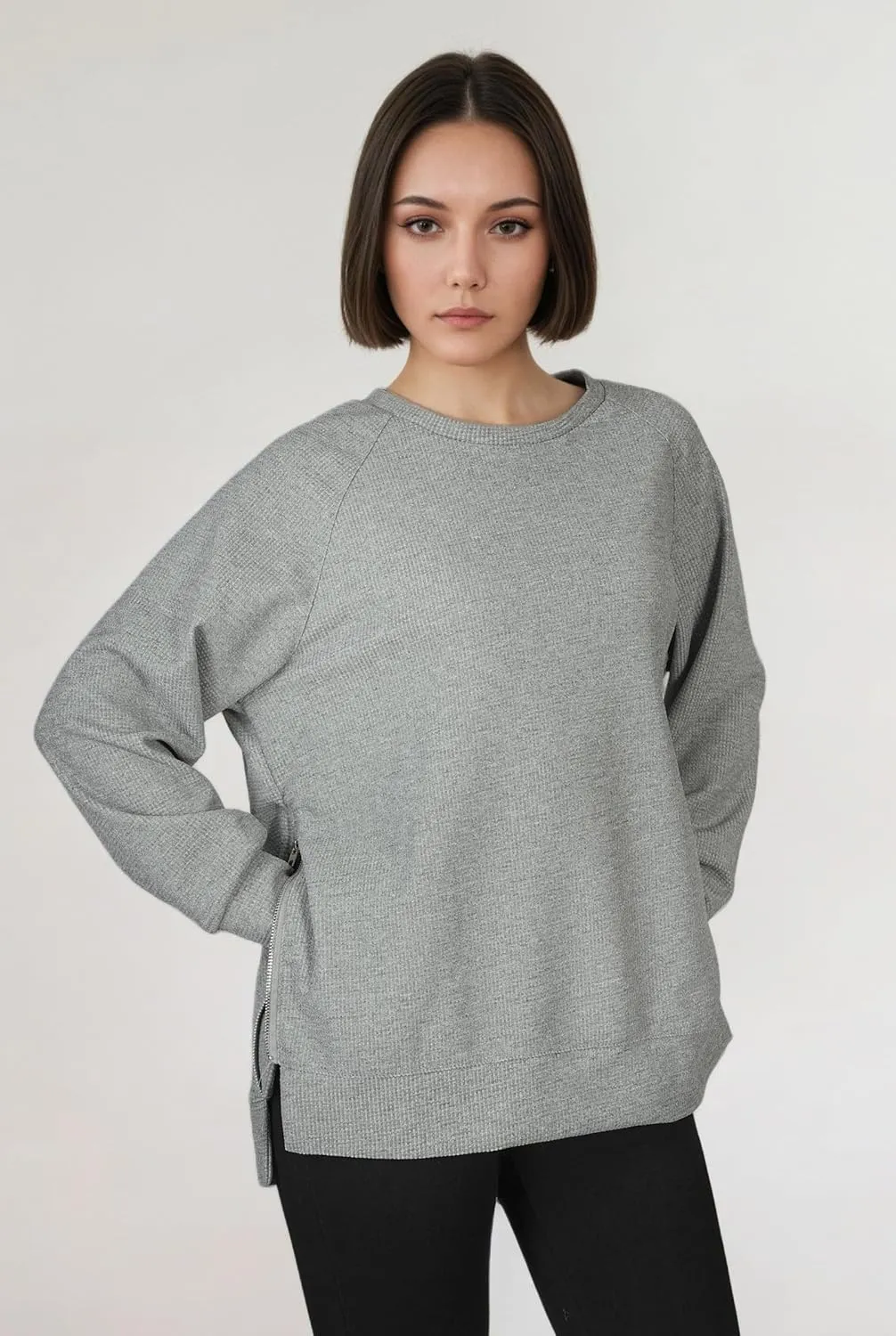 Oversized Sweatshirt for Women, Womens Sweatshirt Crew Neck Long Sleeve Tunic Pullover with Side Zipper, Soft Zip Up Hoodie