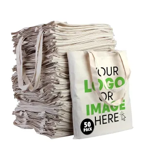 (Pack of 50) Bulk Custom Tote Bags  Personalized Reusable Canvas Bags with Logo for Business, Trade Shows & Corporate Events  Wholesale Cotton Shopping Bags for Promotions & Branding