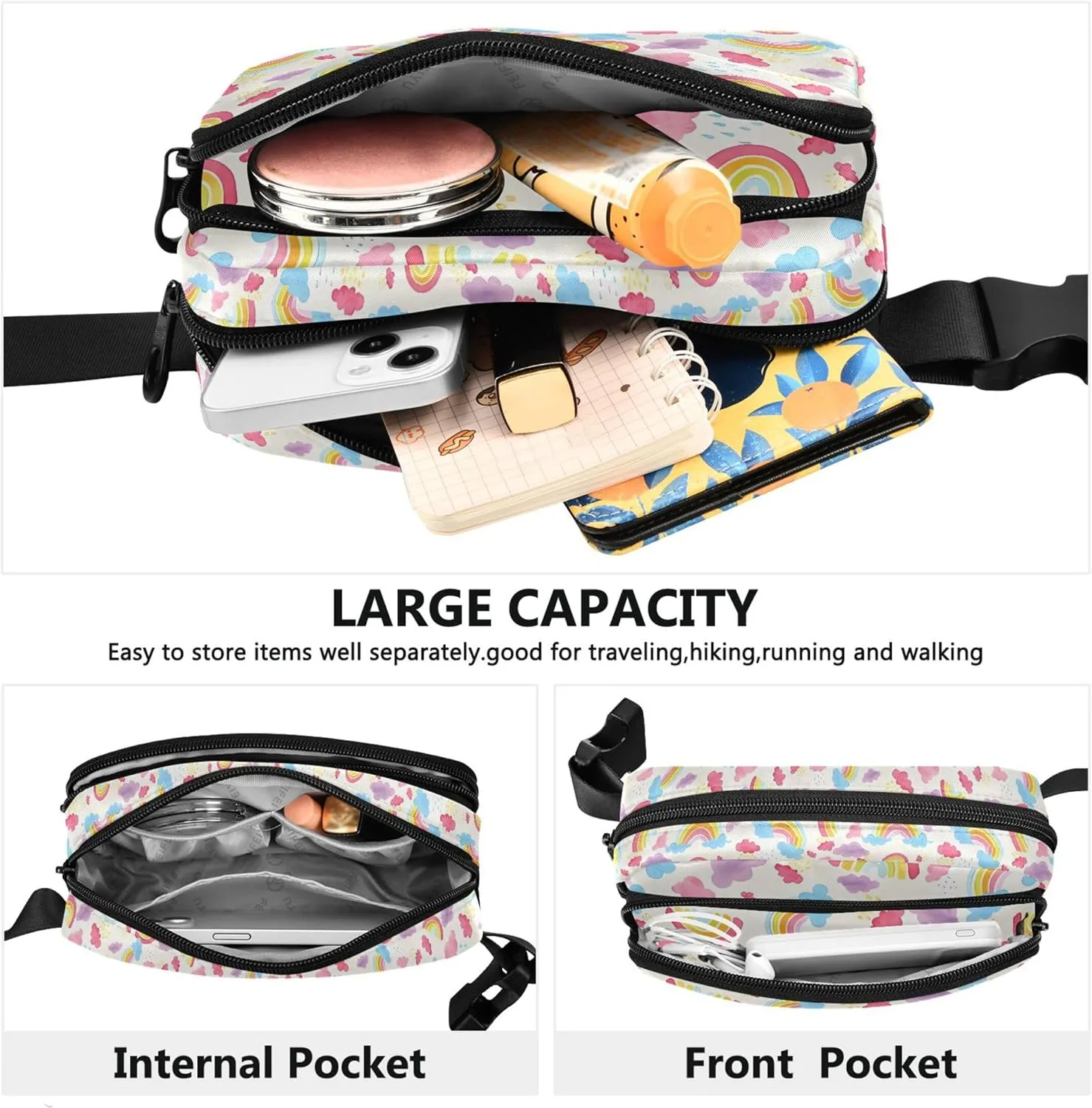 Personalized Watercolor Rainbows Clouds Waterproof Women Fanny Packs Hip Bag Belt Purse Hiking Travel Waist Bag
