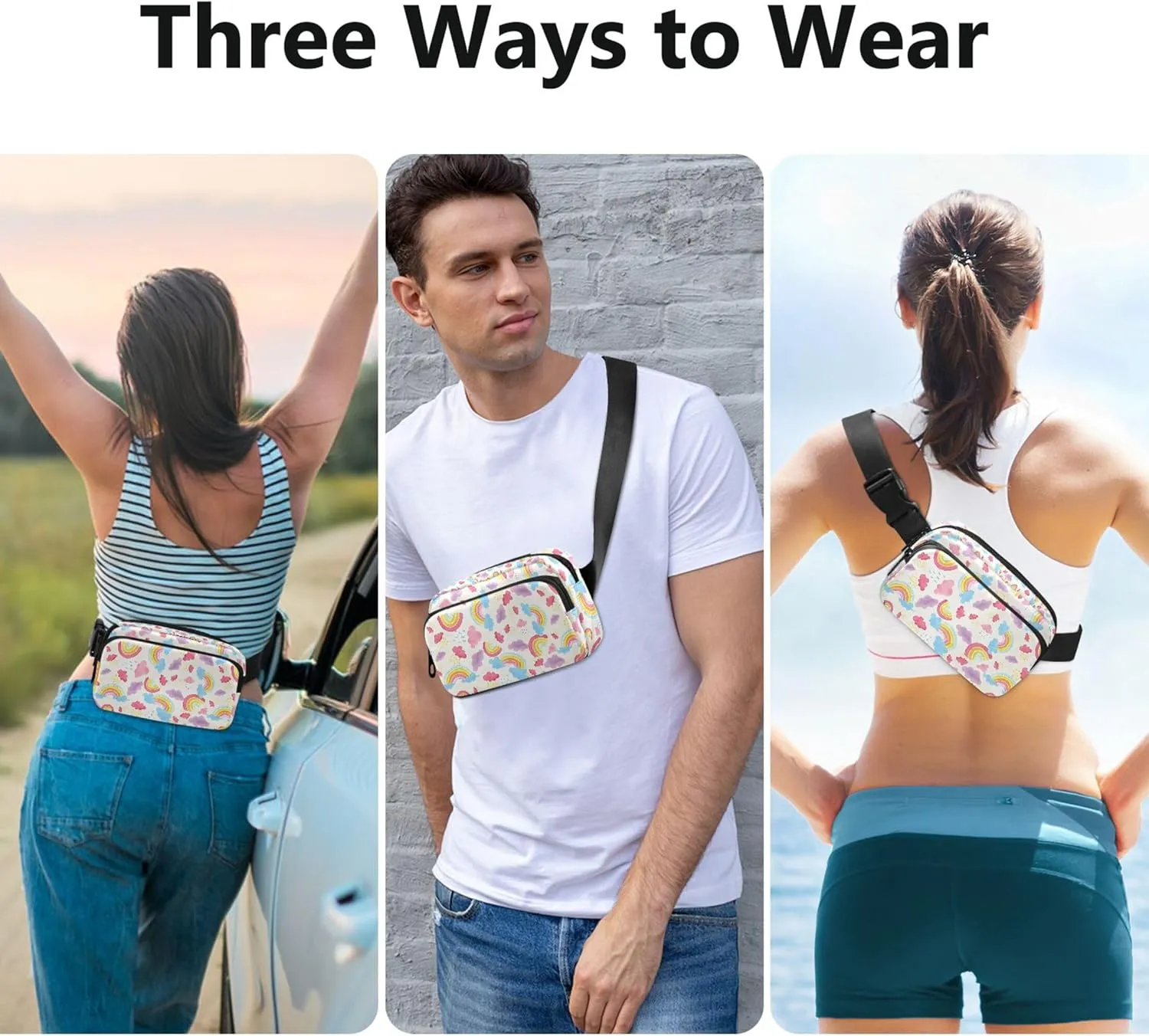 Personalized Watercolor Rainbows Clouds Waterproof Women Fanny Packs Hip Bag Belt Purse Hiking Travel Waist Bag
