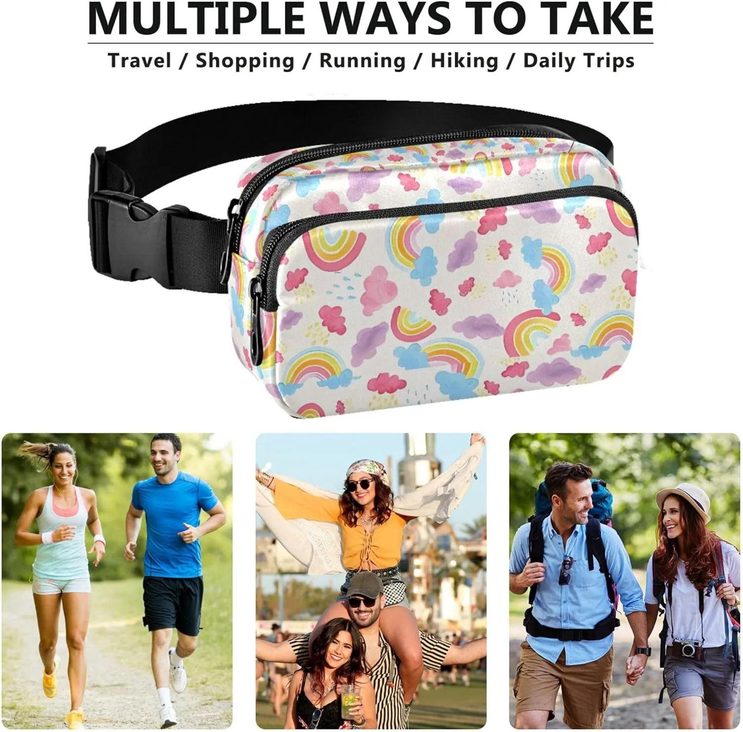 Personalized Watercolor Rainbows Clouds Waterproof Women Fanny Packs Hip Bag Belt Purse Hiking Travel Waist Bag
