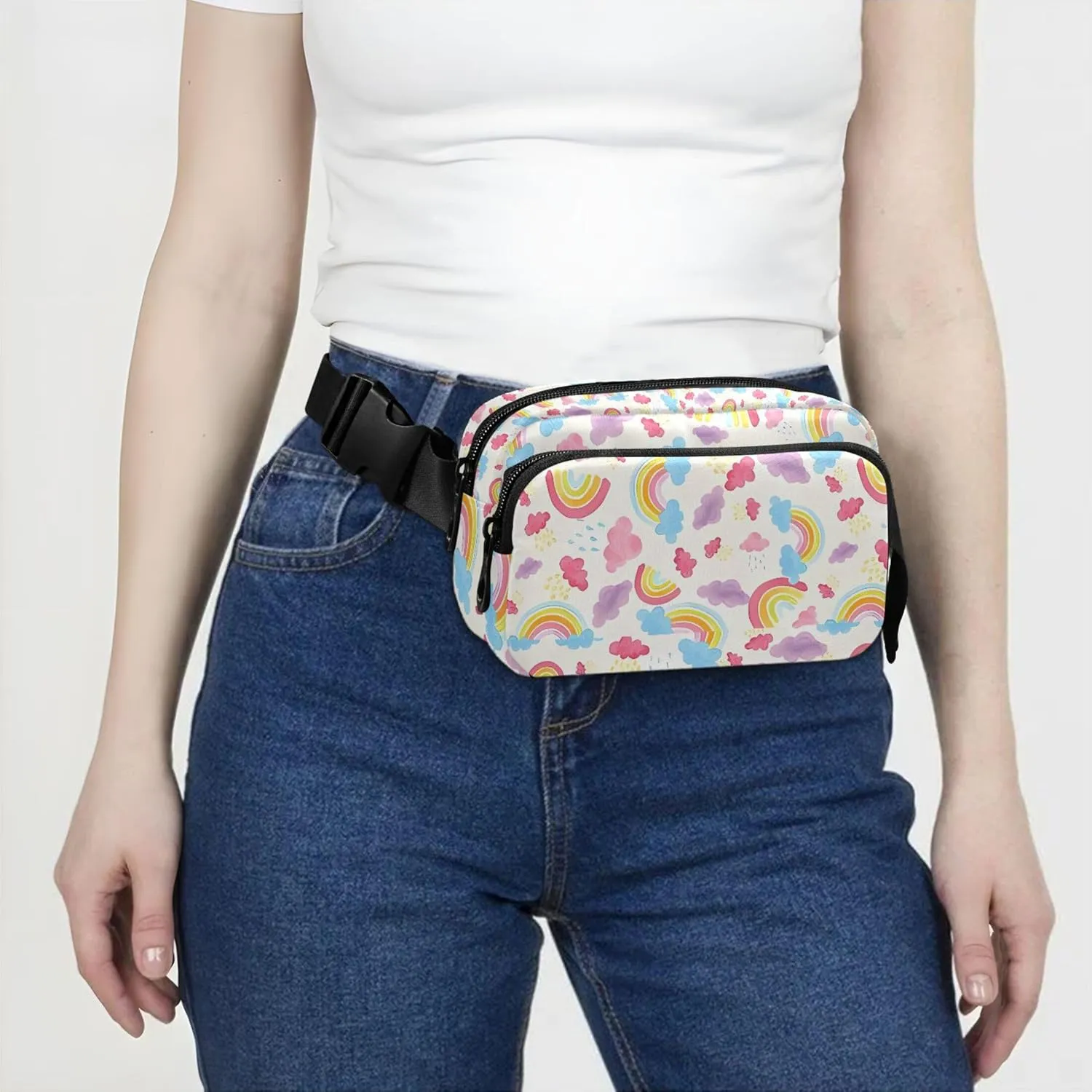 Personalized Watercolor Rainbows Clouds Waterproof Women Fanny Packs Hip Bag Belt Purse Hiking Travel Waist Bag