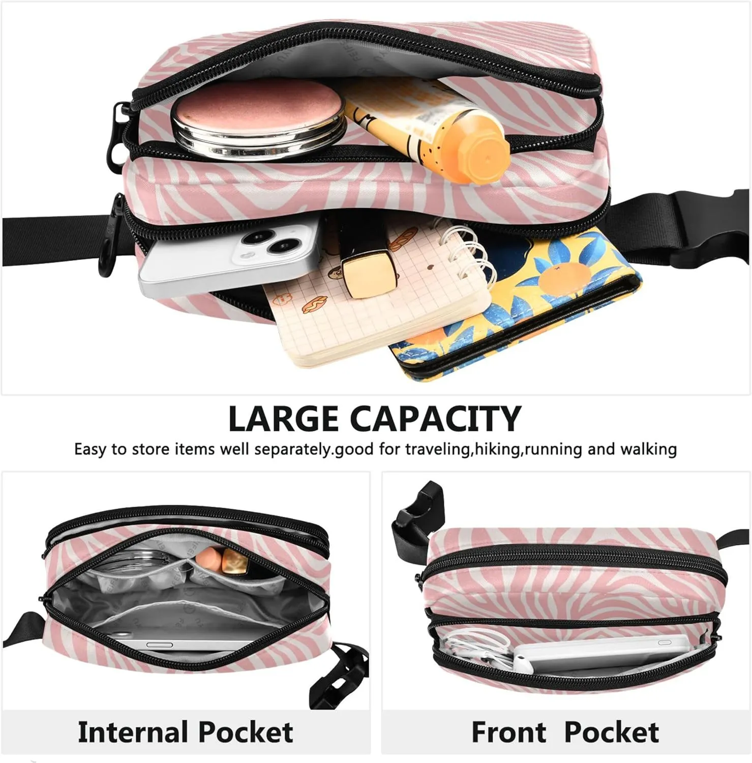 Pink Zebra Print Fanny Pack for Women Flower Hip Bag Belt Purse Waterproof Crossbody Waist Purse