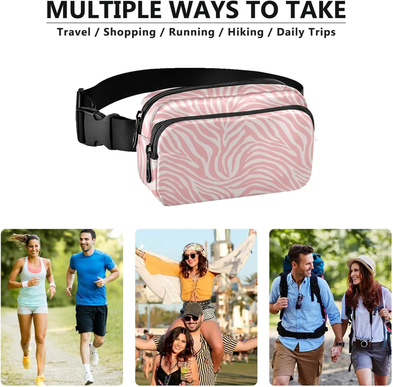 Pink Zebra Print Fanny Pack for Women Flower Hip Bag Belt Purse Waterproof Crossbody Waist Purse