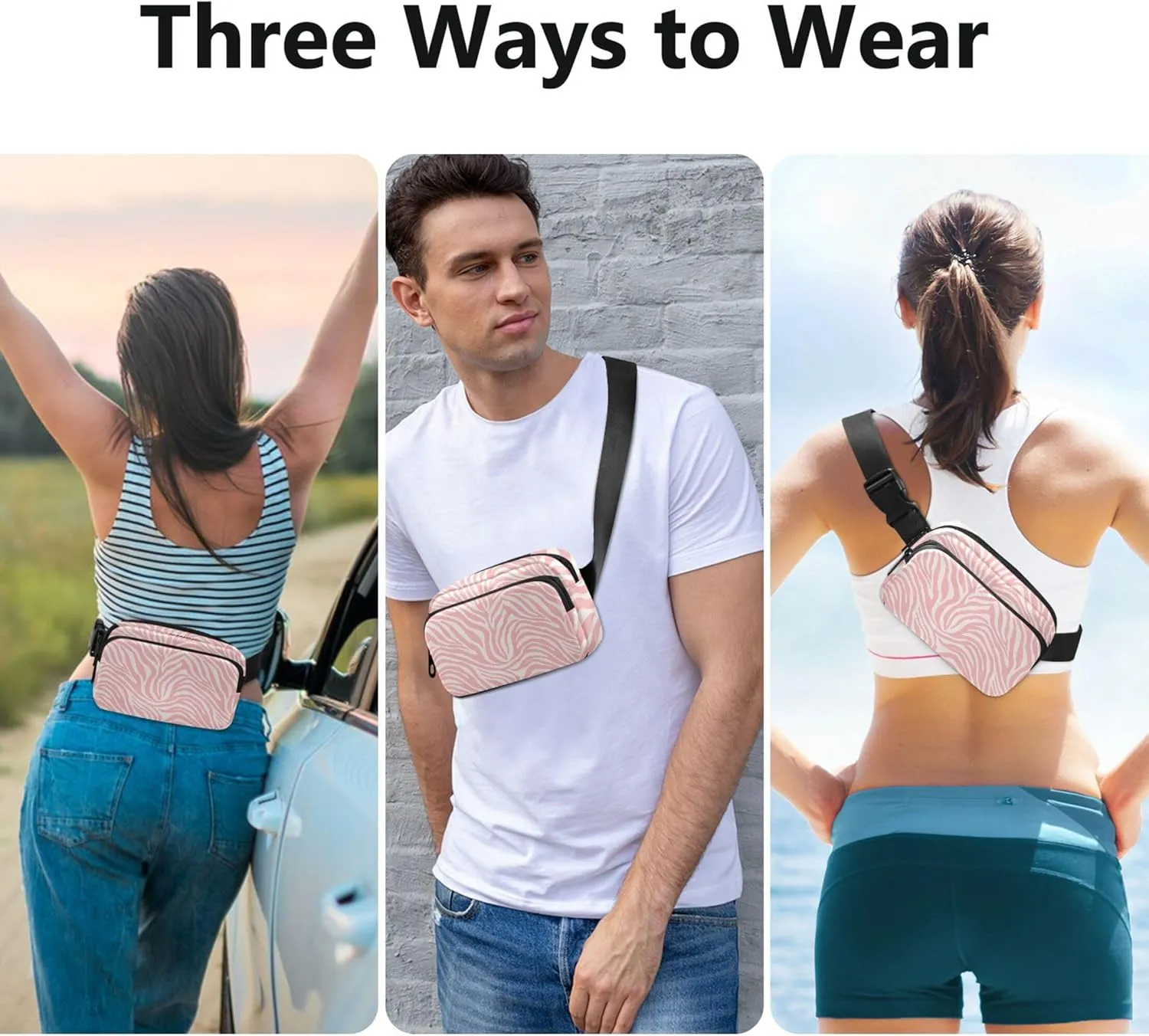 Pink Zebra Print Fanny Pack for Women Flower Hip Bag Belt Purse Waterproof Crossbody Waist Purse