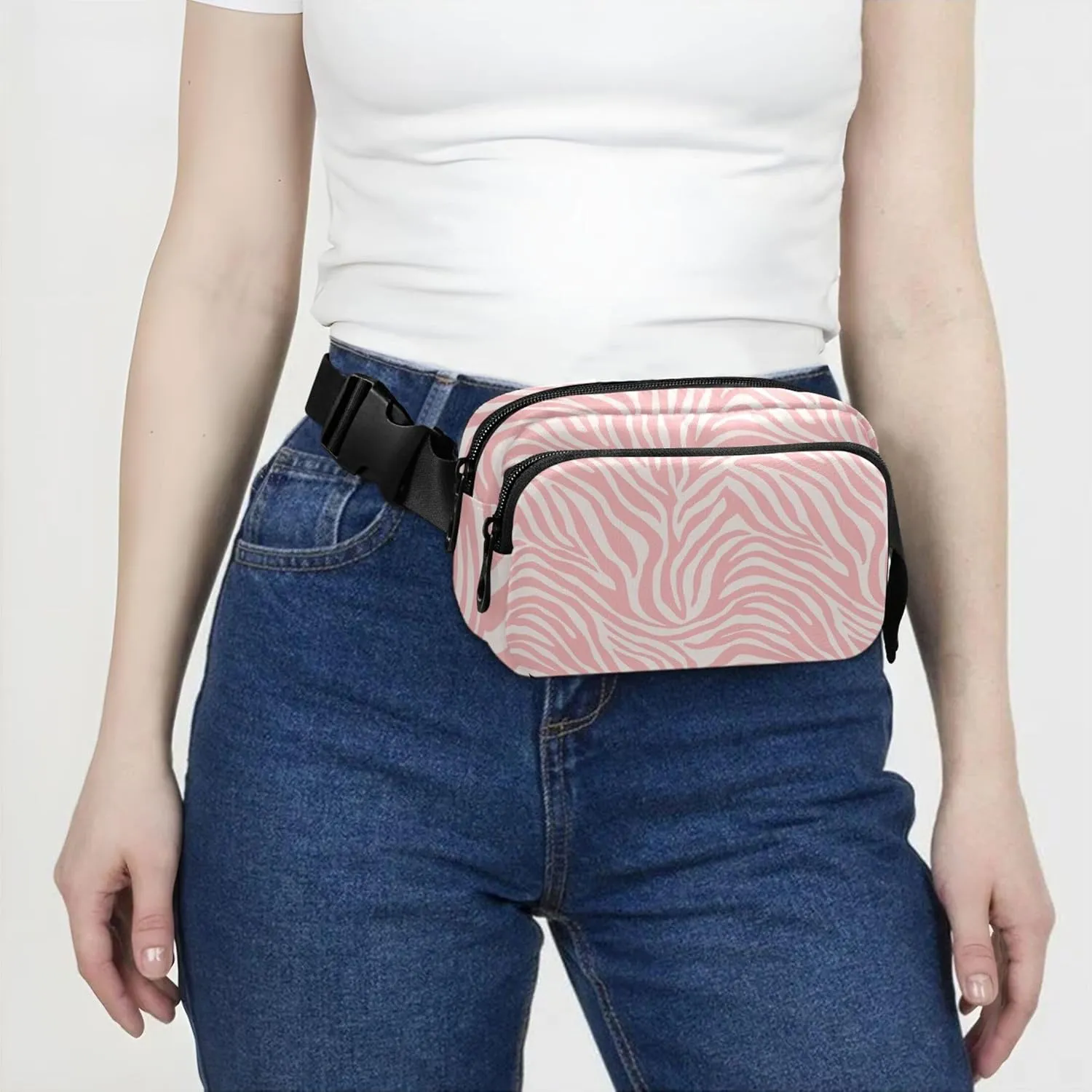 Pink Zebra Print Fanny Pack for Women Flower Hip Bag Belt Purse Waterproof Crossbody Waist Purse