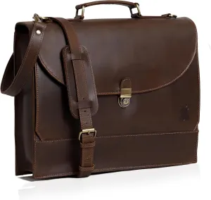 Premium Leather Briefcase for Men and Women, Full Grain Cow Leather Laptop Sleeve Gift, Handcrafted Laptop Bag with Multiple Compartments and Brass Hardware, Fits 17.5 Inch Laptop