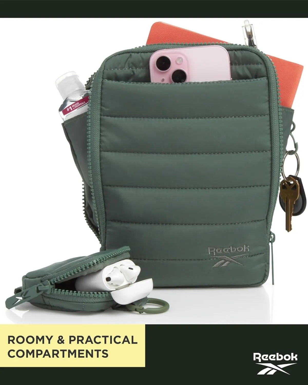Reebok Womens Crossbody Bags - Lightweight Sling Cell Phone Purse, Quilted Small Crossbody Bags Women