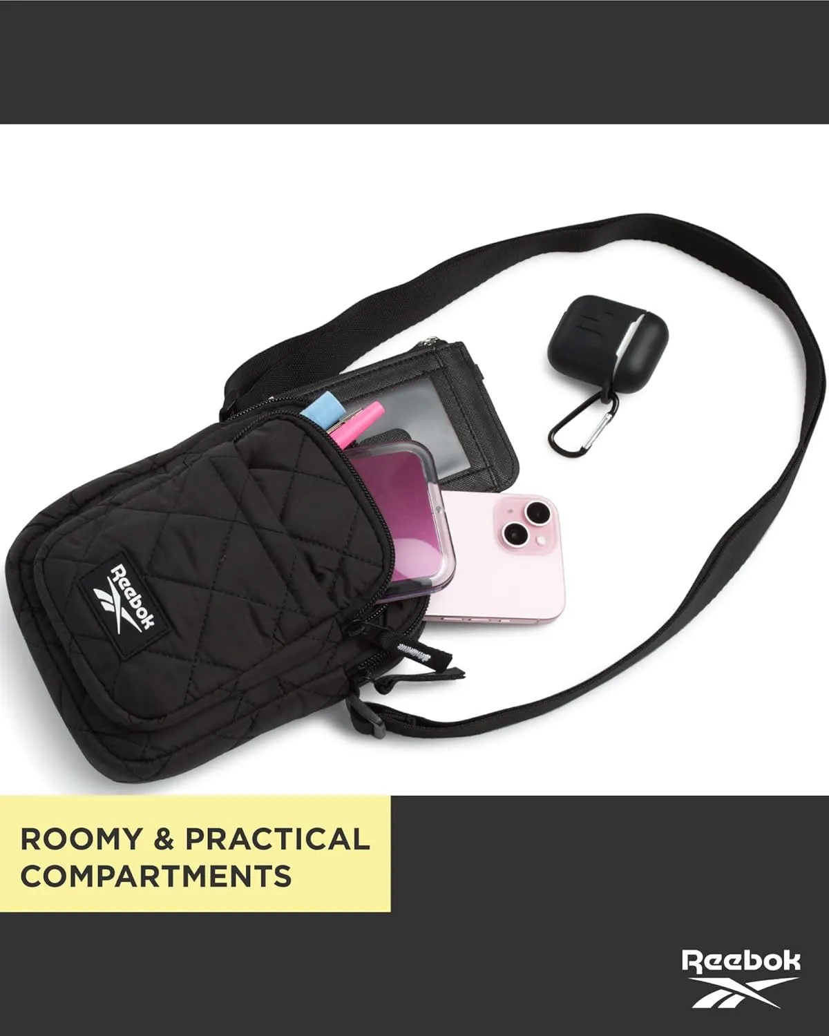 Reebok Womens Crossbody Bags - Lightweight Sling Cell Phone Purse, Quilted Small Crossbody Bags Women