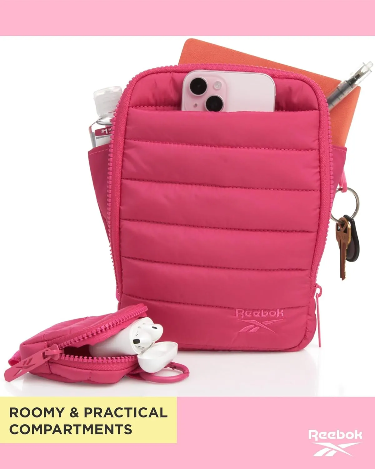 Reebok Womens Crossbody Bags - Lightweight Sling Cell Phone Purse, Quilted Small Crossbody Bags Women