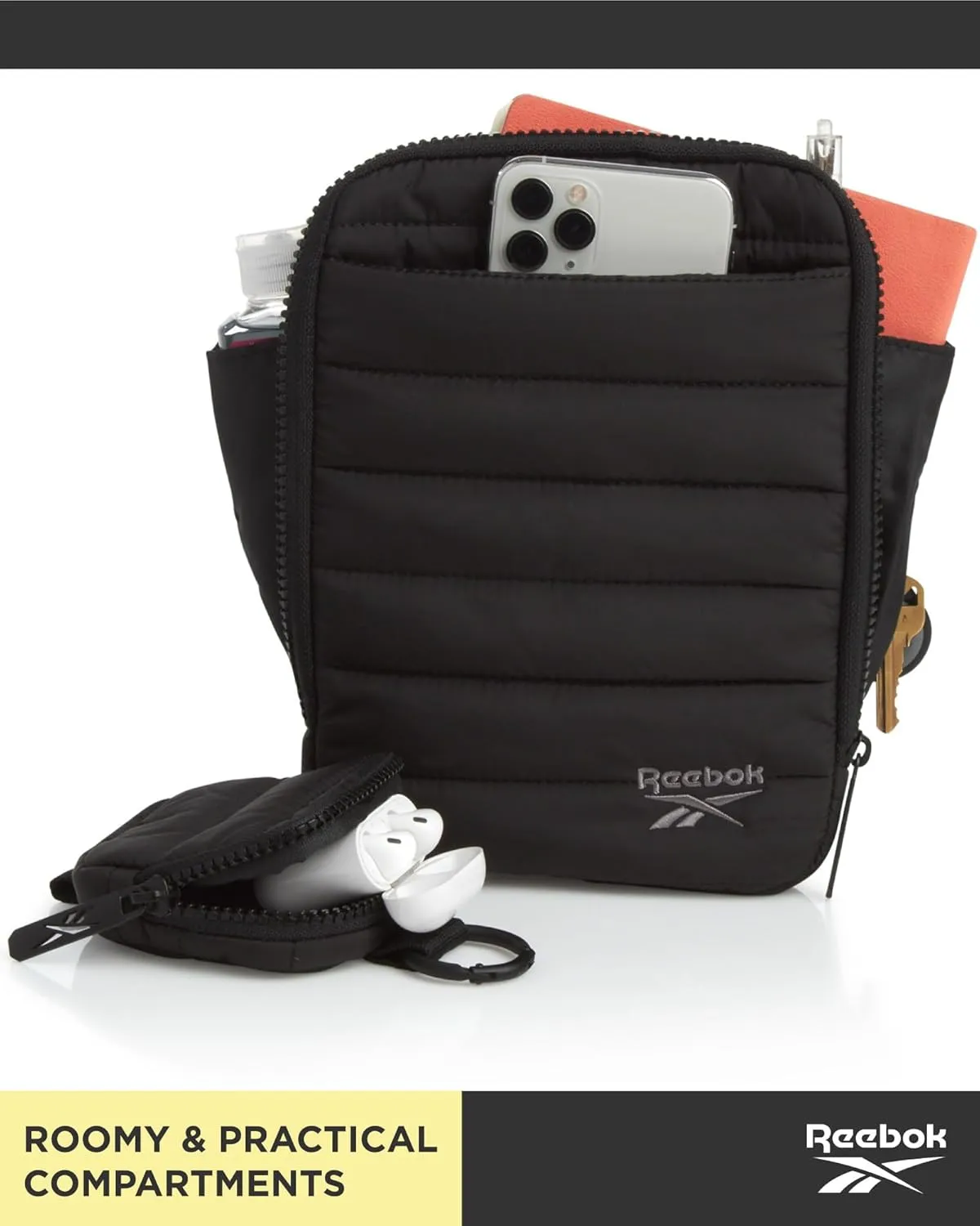 Reebok Womens Crossbody Bags - Lightweight Sling Cell Phone Purse, Quilted Small Crossbody Bags Women