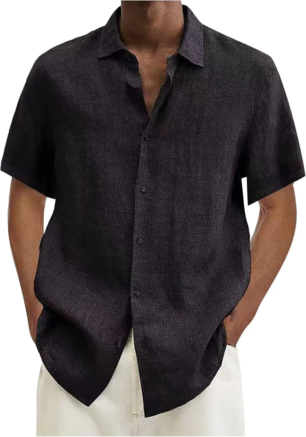 RTRDE Men's Shirts Dress Shirts Summer Casual Cotton Linen Solid Color Short Sleeve Shirts Loose, S-3XL
