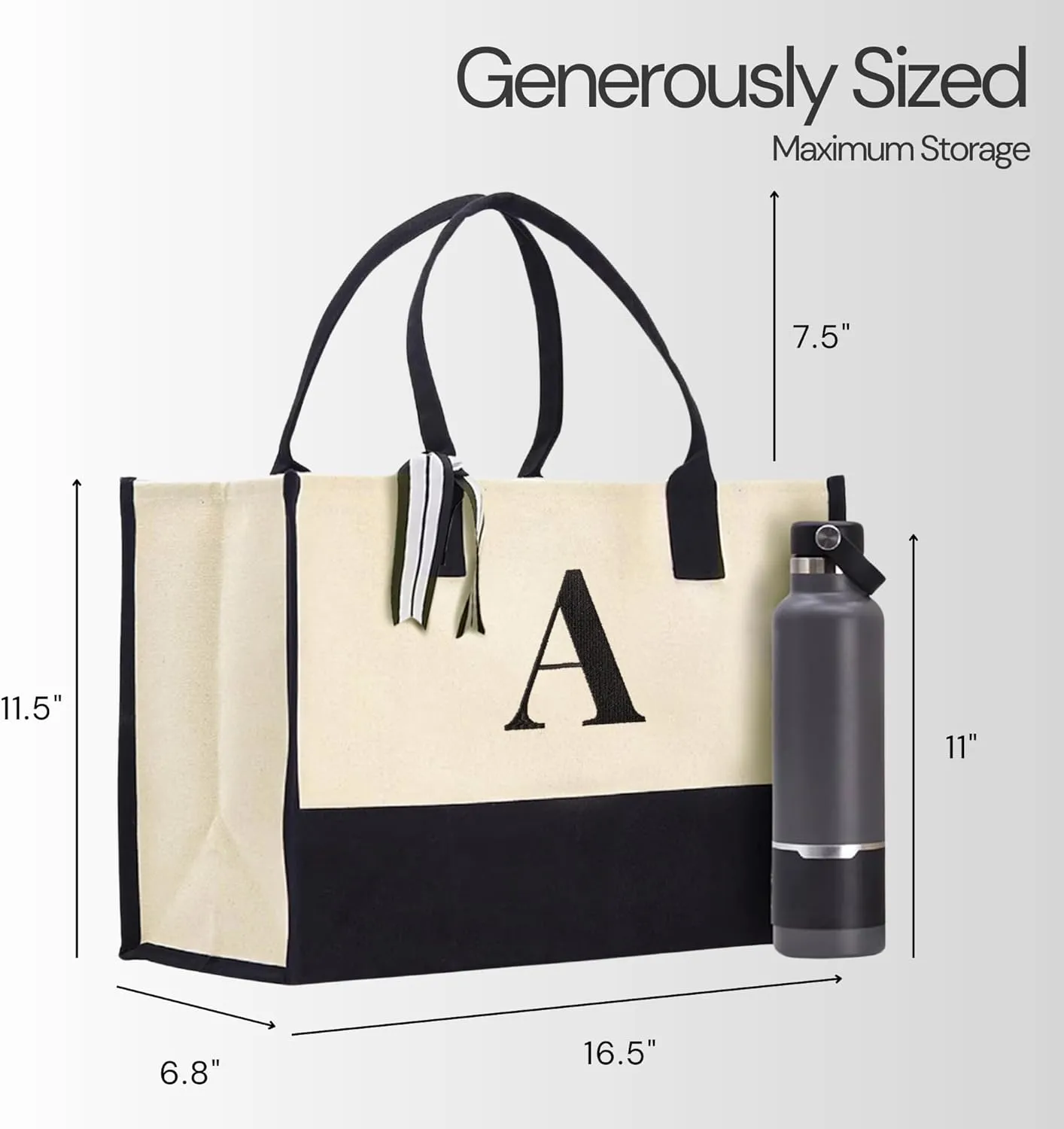 Salt Earth 100% Cotton Personalized Everyday Canvas Initial Tote Bag for Women, Monogrammed Large Utility Bag for Beach