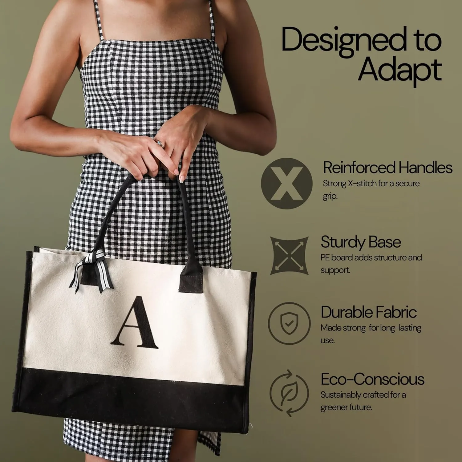 Salt Earth 100% Cotton Personalized Everyday Canvas Initial Tote Bag for Women, Monogrammed Large Utility Bag for Beach