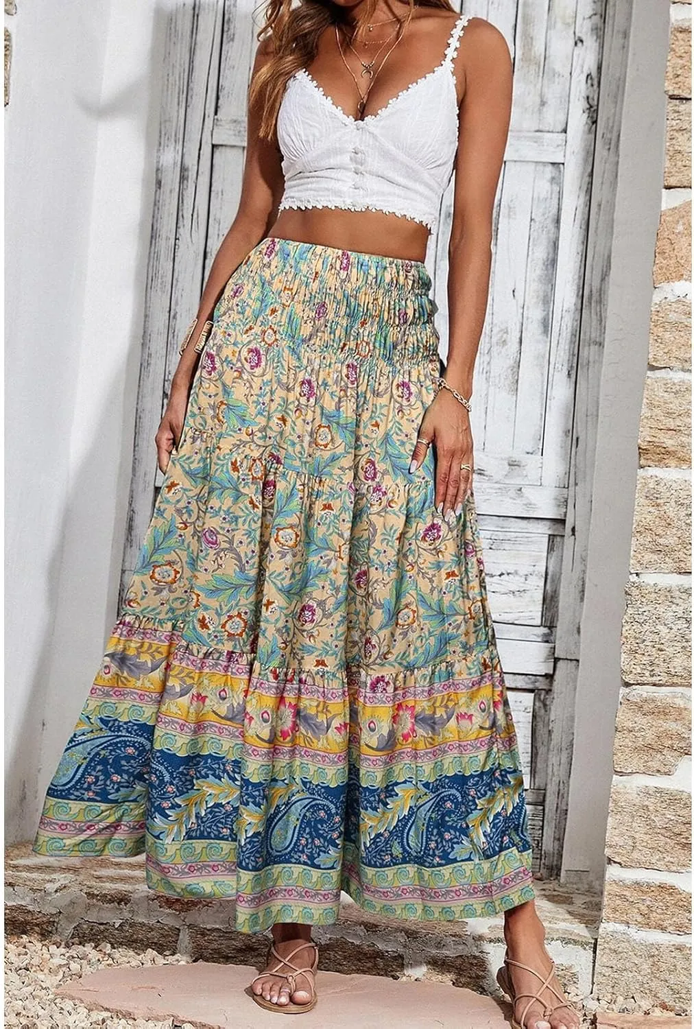 SELINK Womens Summer Elastic High Waist Boho Maxi Skirt Pleated Ruffle Flowy Long Skirts