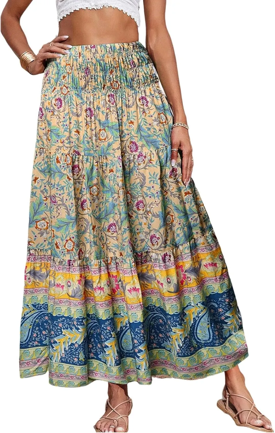SELINK Womens Summer Elastic High Waist Boho Maxi Skirt Pleated Ruffle Flowy Long Skirts