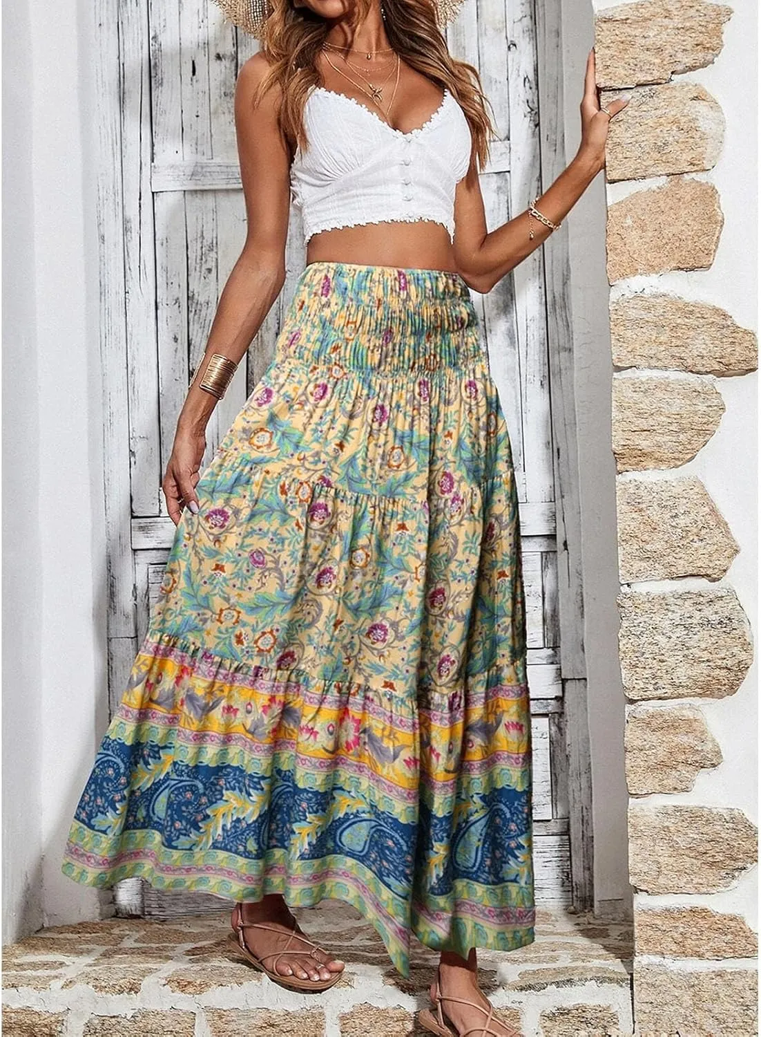 SELINK Womens Summer Elastic High Waist Boho Maxi Skirt Pleated Ruffle Flowy Long Skirts