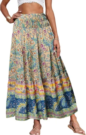 SELINK Womens Summer Elastic High Waist Boho Maxi Skirt Pleated Ruffle Flowy Long Skirts
