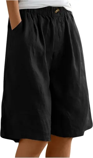 Shorts for Women 2024 Bermuda Shorts Casual Elastic High Waisted Wide Leg Shorts Knee Length Summer Shorts with Pockets