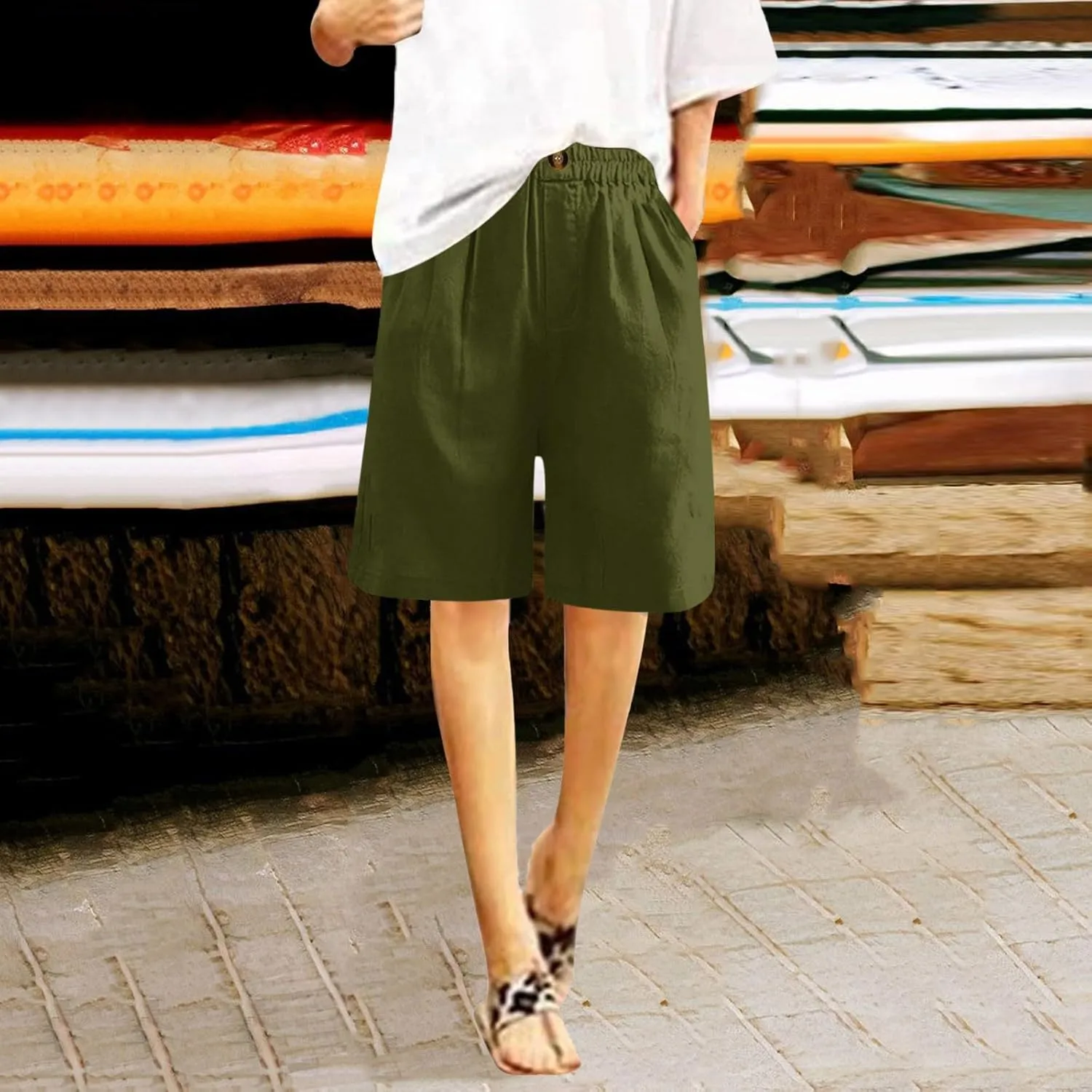 Shorts for Women 2024 Bermuda Shorts Casual Elastic High Waisted Wide Leg Shorts Knee Length Summer Shorts with Pockets