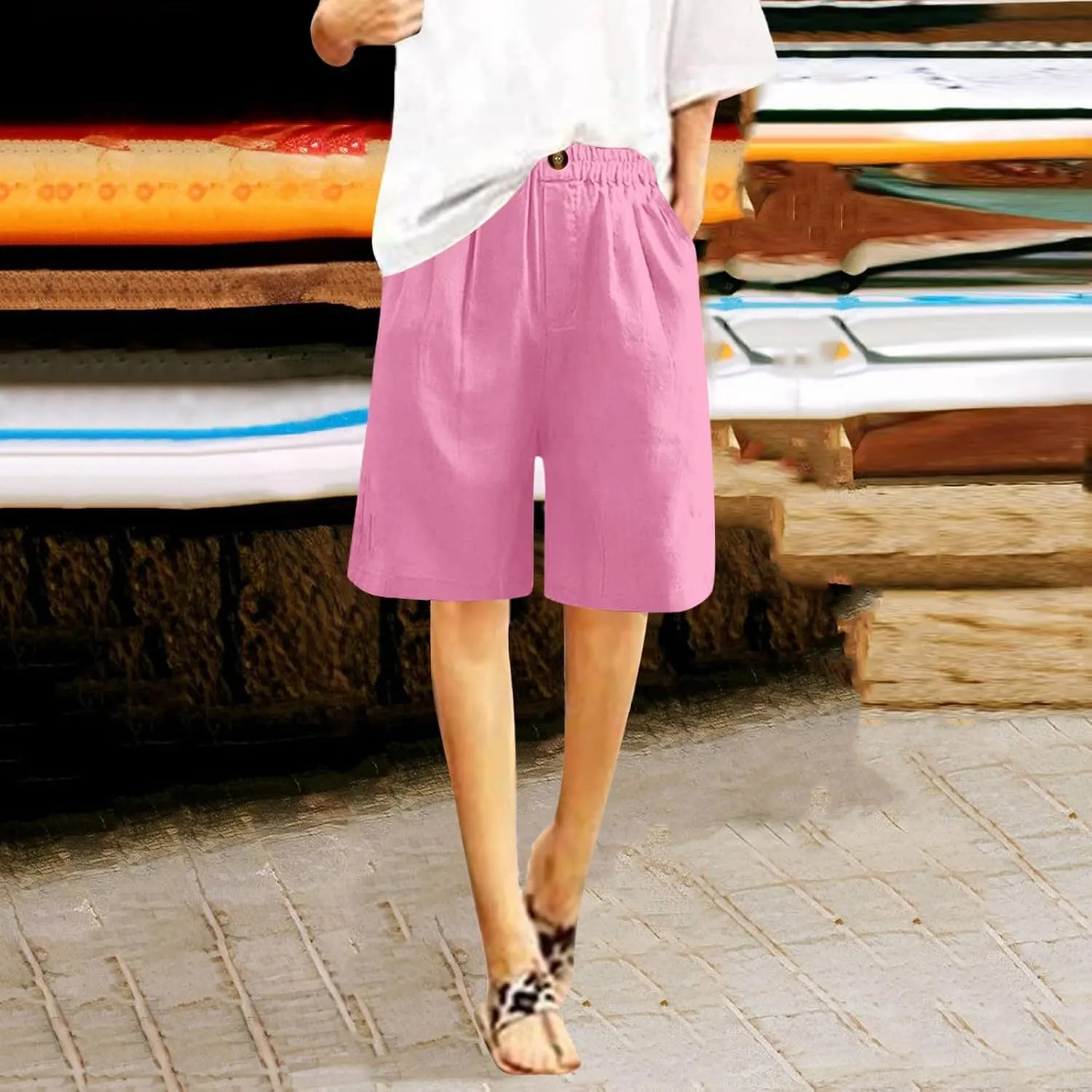Shorts for Women 2024 Bermuda Shorts Casual Elastic High Waisted Wide Leg Shorts Knee Length Summer Shorts with Pockets