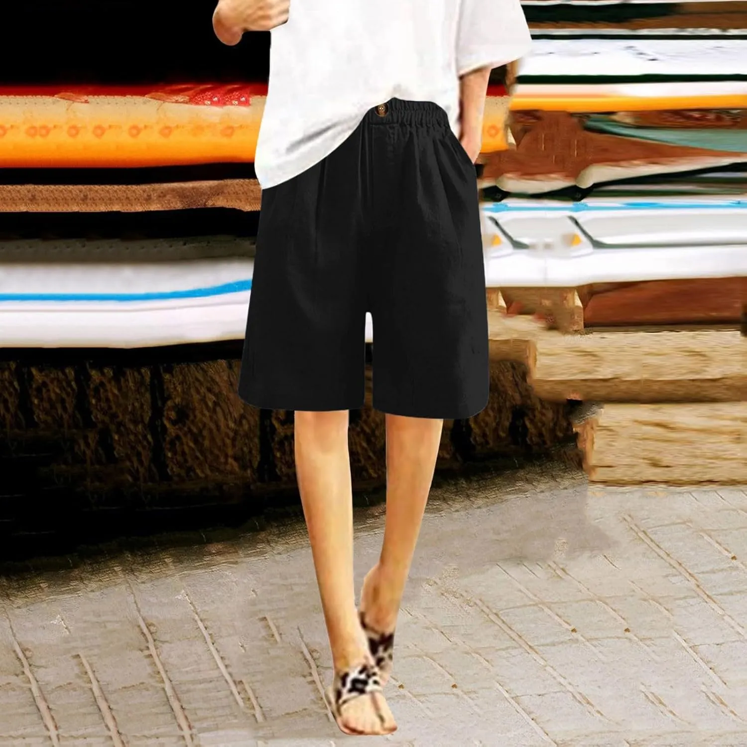 Shorts for Women 2024 Bermuda Shorts Casual Elastic High Waisted Wide Leg Shorts Knee Length Summer Shorts with Pockets