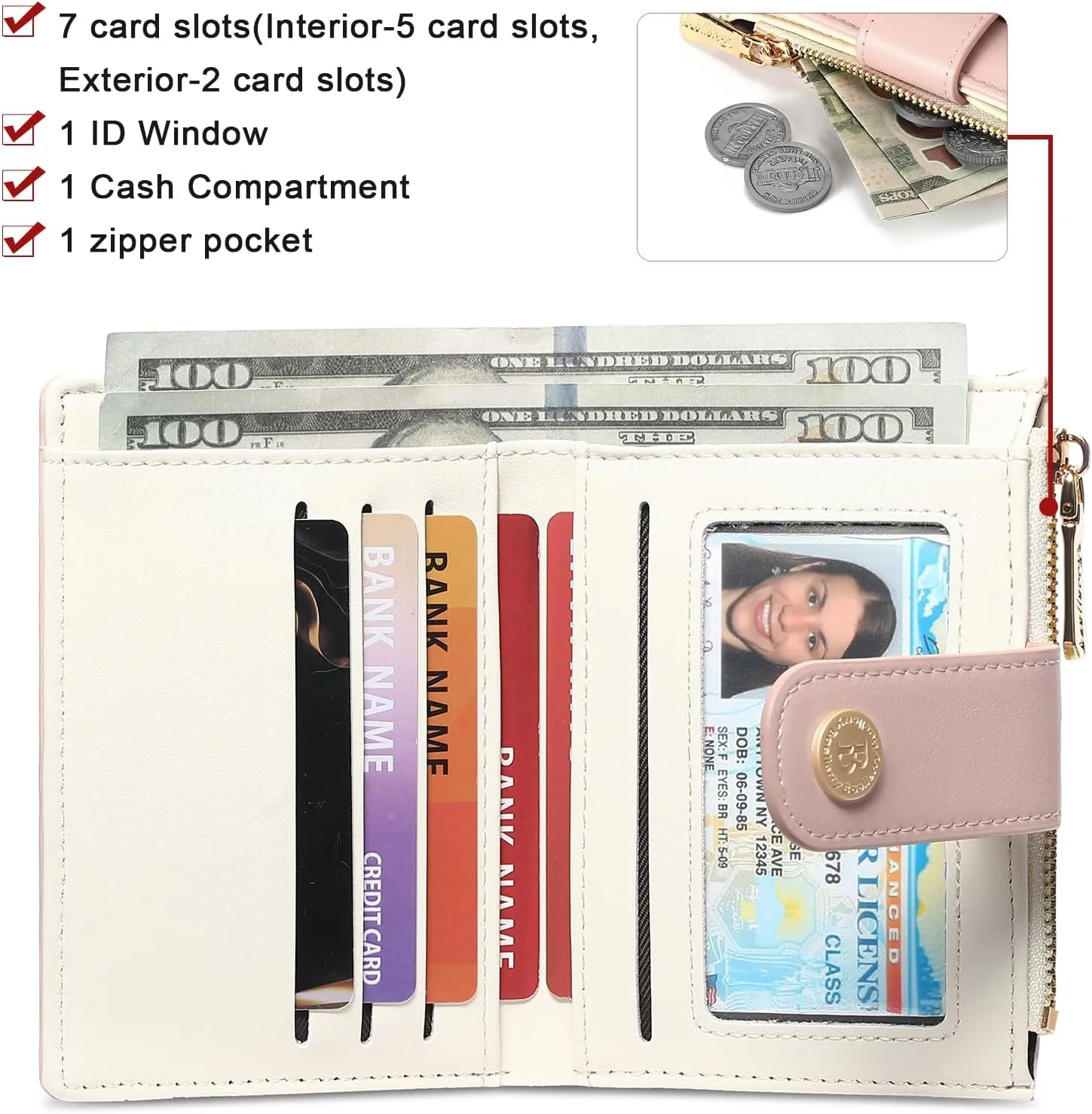 Small Wallet for Women Compact Leather Bifold RFID Blocking Ladies Credit Card Purse with ID Window and Zipper Coin Pocket