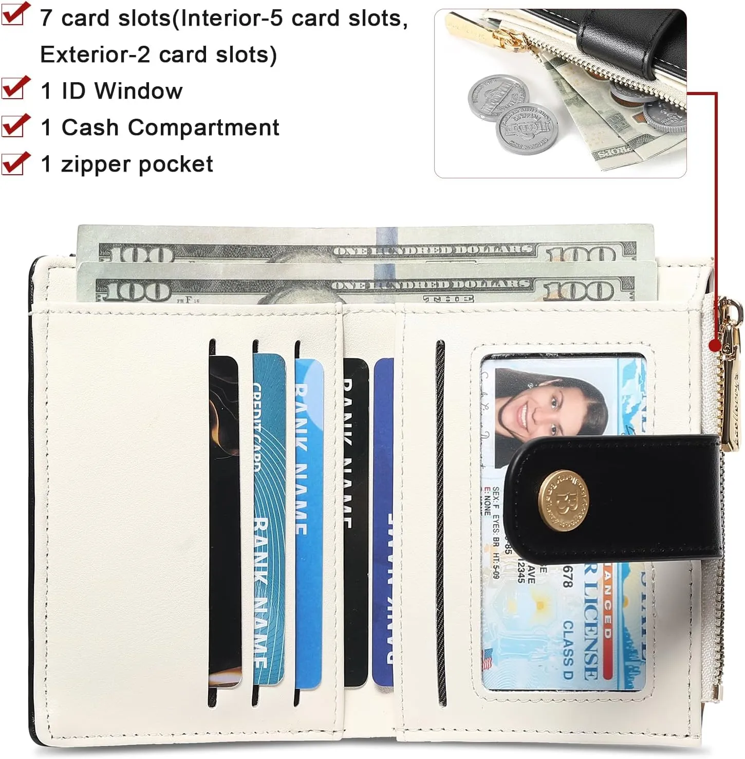 Small Wallet for Women Compact Leather Bifold RFID Blocking Ladies Credit Card Purse with ID Window and Zipper Coin Pocket