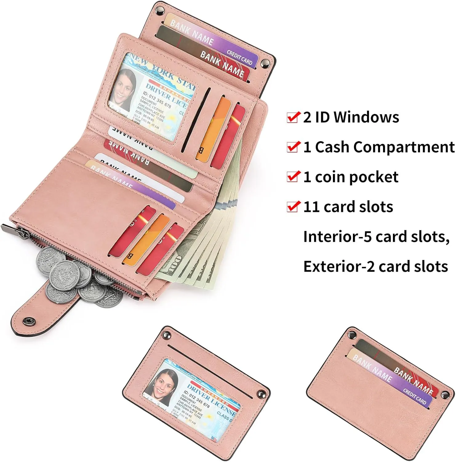 Small Womens Wallet Compact Leather RFID Blocking Zipper Coin Pocket Card Holder Bifold Ladies Purse with ID Window