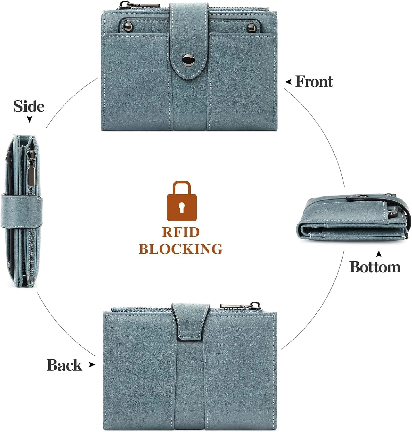 Small Womens Wallet Compact Leather RFID Blocking Zipper Coin Pocket Card Holder Bifold Ladies Purse with ID Window