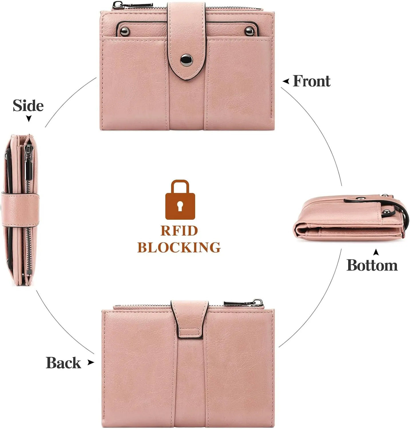 Small Womens Wallet Compact Leather RFID Blocking Zipper Coin Pocket Card Holder Bifold Ladies Purse with ID Window