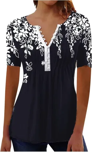 SMIDOW Plus Size Tunic Tops for Women Trendy 2024 Boho Floral Shirts Short Sleeve Notch v Neck t-Shirt Graphic Tees Blouse