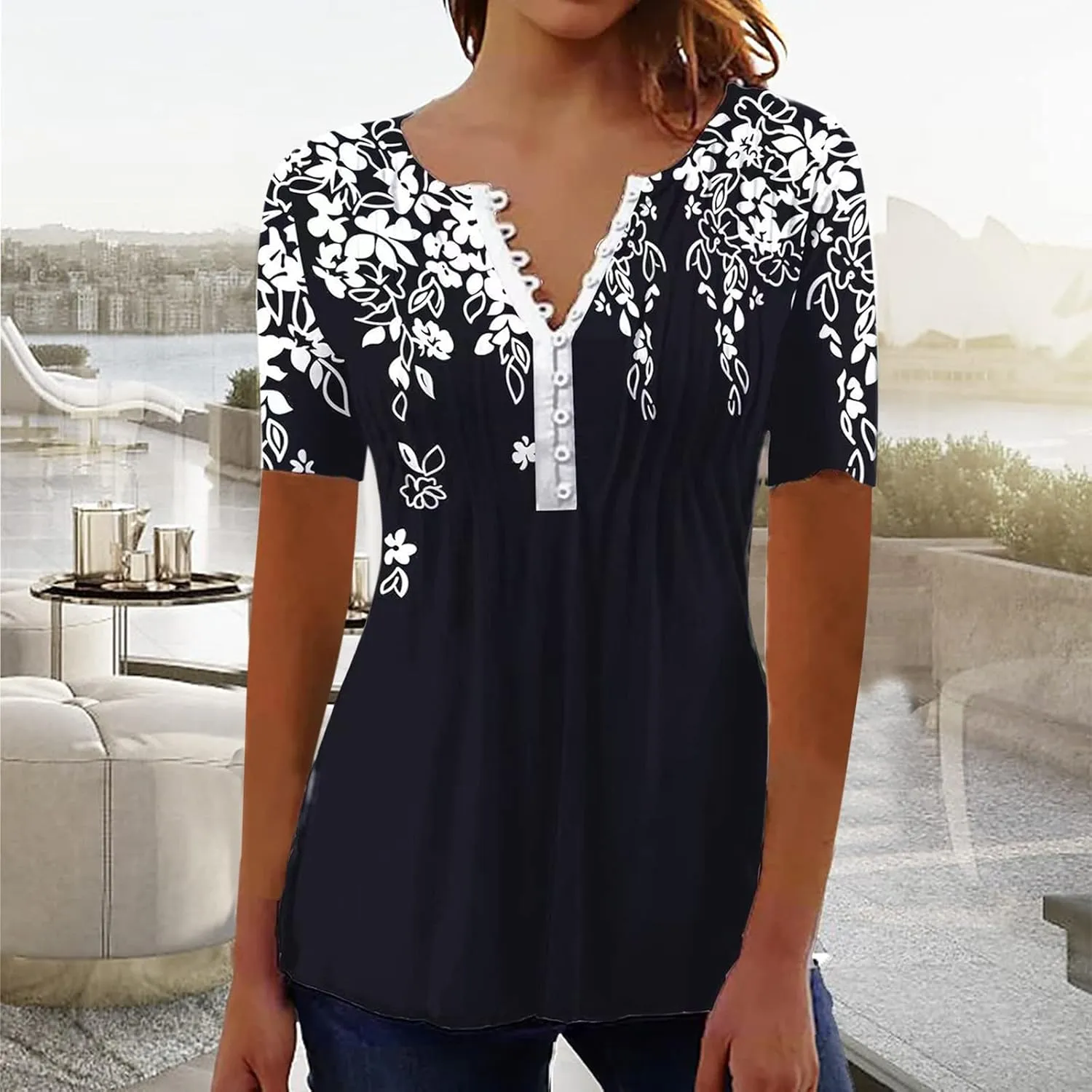 SMIDOW Plus Size Tunic Tops for Women Trendy 2024 Boho Floral Shirts Short Sleeve Notch v Neck t-Shirt Graphic Tees Blouse