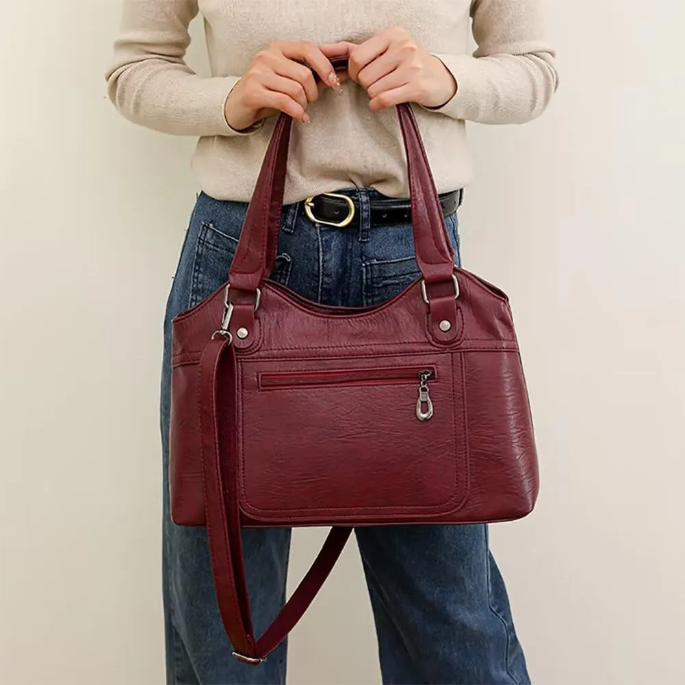 Soft Leather Tote Bag for Women Multi Pocket Top Handle Satchel Handbag Designer Shoulder Bag Work Crossbody Purse